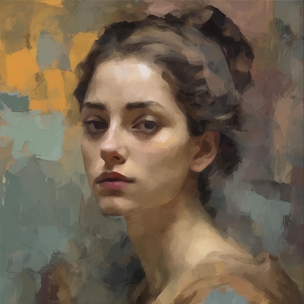 Λιτό πορτρέτο γυναίκας με επιρροή από διάσημους καλλιτέχνες, ζωγραφική σε στυλ εντυπωσιακής τέχνης.