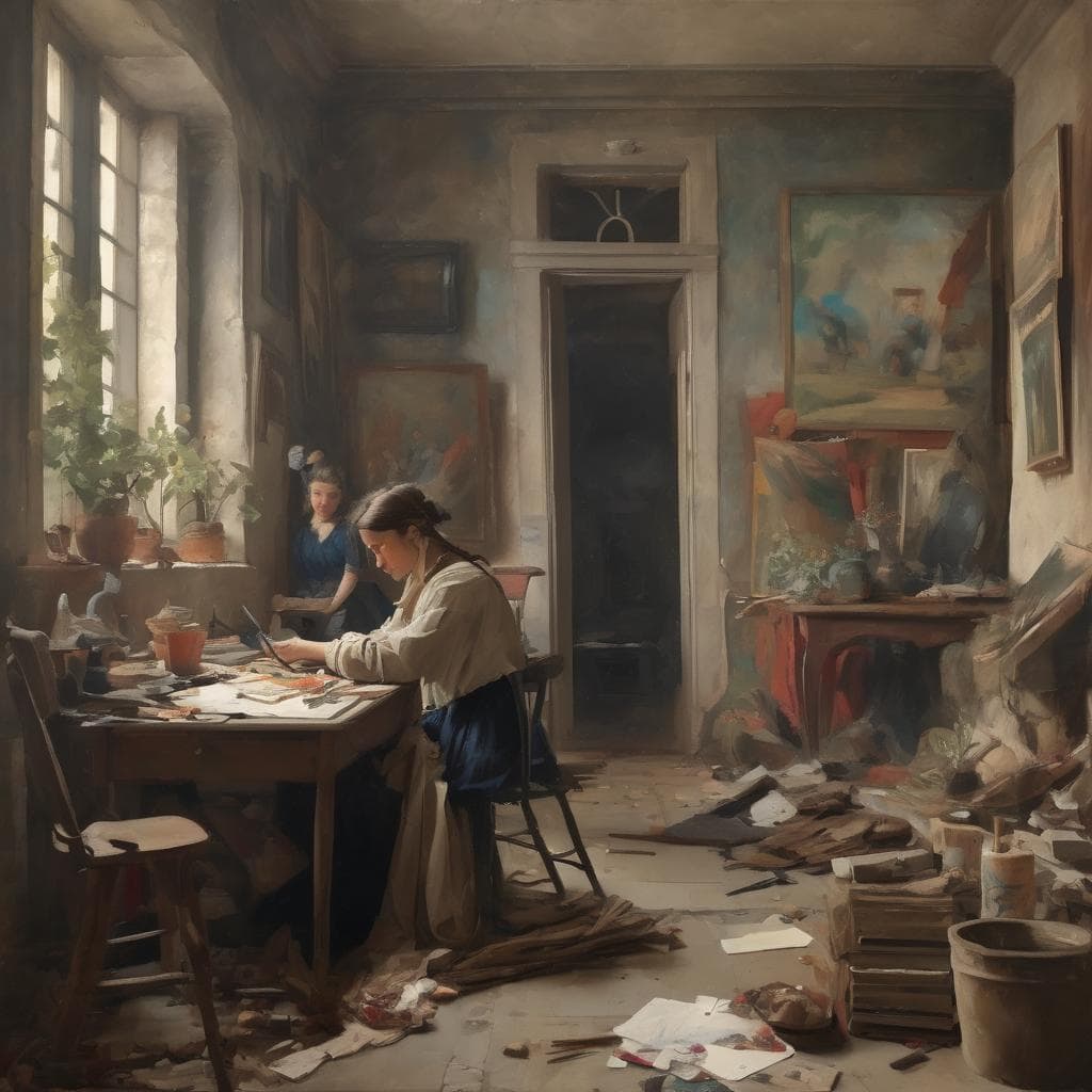 Παλαιά ακατάστατη ζωγραφική στο εργαστήριο με καλλιτέχνες και έργα τέχνης, αναδεικνύοντας τον ρόλο των καλλιτεχνών στην τέχνη.