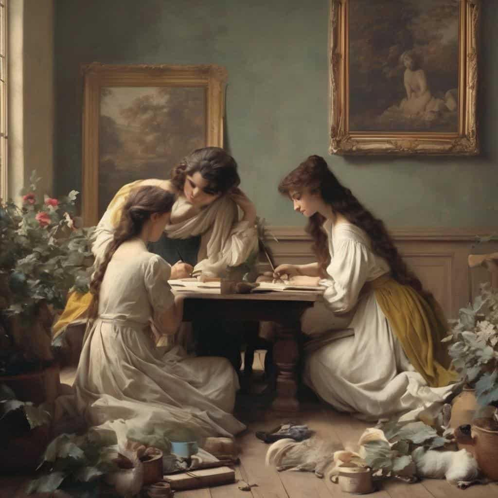 Κλασική ζωγραφική με τρεις γυναίκες σε εσωτερικό χώρο, εμπνευσμένο από την τέχνη των μεγάλων καλλιτεχνών.