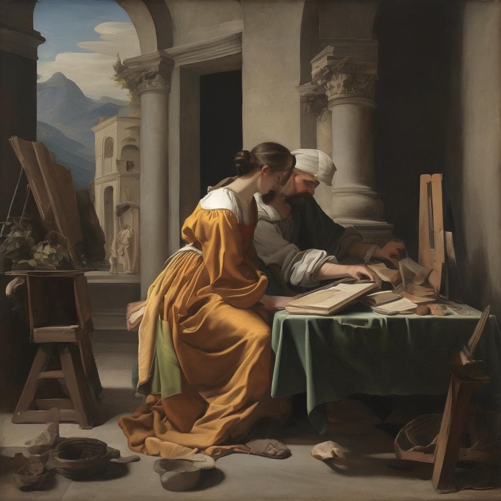 Λήψη από ιταλικό ζωγράφο του 17ου αιώνα, αναπαριστά εικαστικές τέχνες και επίδραση καταξιωμένων καλλιτεχνών.