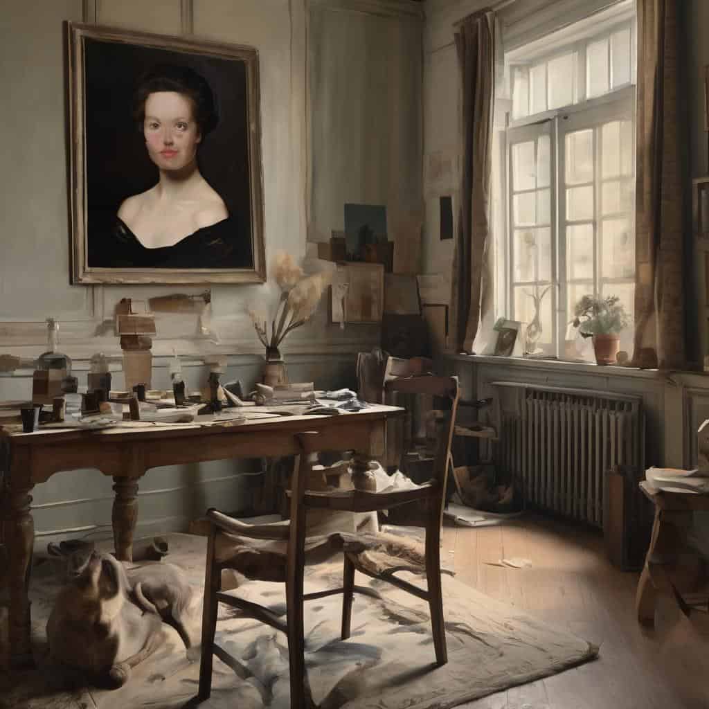 Πορτρέτο ζωγράφου σε παραδοσιακό στούντιο, με πίνακα και αφιερώσεις σε σημαντικούς καλλιτέχνες, vintage διακόσμηση, φωτισμός φυσικού φωτός.